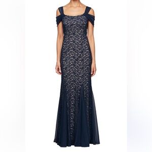 Elegant Navy Lace Evening Gown